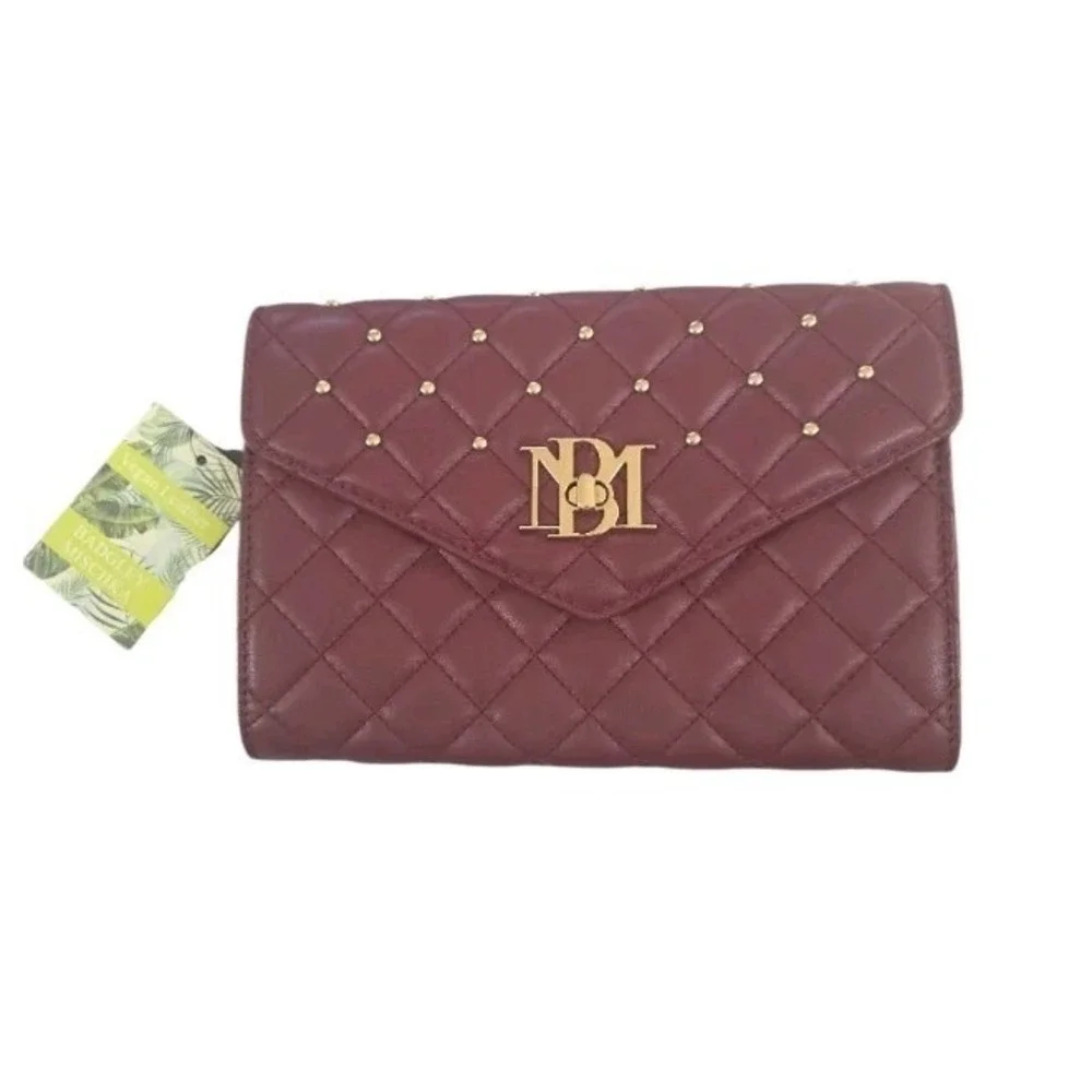 Badgley Mischka Crossbody Bag Wine Diamond Quilting Studded Gold Hardware NWT